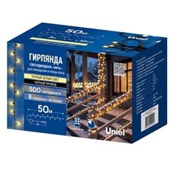 ULD-S5000-500/DBA/RC WW IP44 Гирлянда светодиодная, 50м. 500 светодиодов. Теплый белый свет. Пульт ДУ (в/к). Провод черный. ТМ Uniel UL-00014209 - фото 73286